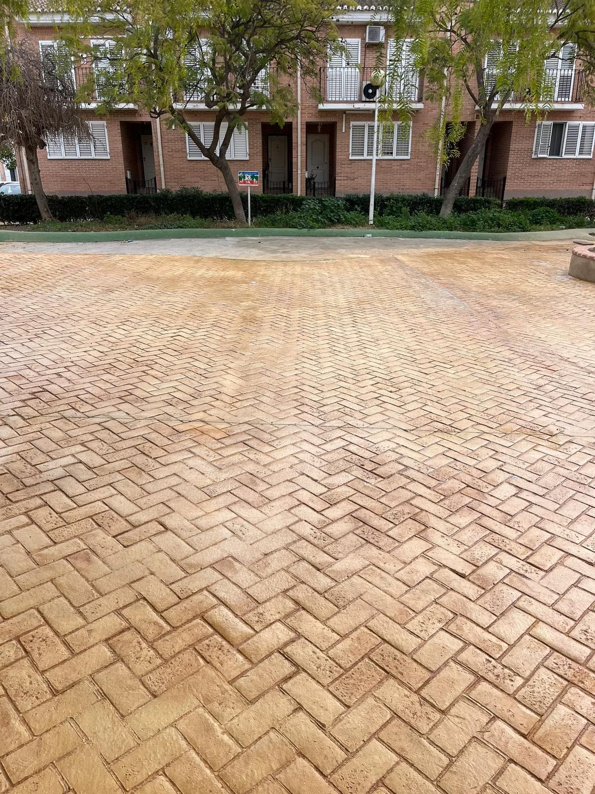 Pavimento de hormigón impreso con despiece en espiga, de tono ocre claro, en una plaza con arbolado.